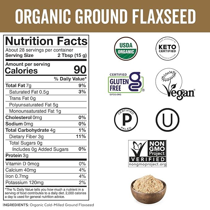 5 Viva Naturals Organic Ground Flaxseed - Premium Quality Plant-Based Protein and Vegan Omega 3 with Fiber, Perfect for Smoothies, Non-GMO and Gluten Free, 15 oz (425 g)