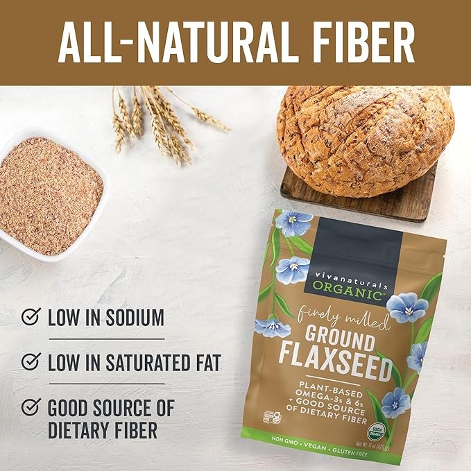 3 Viva Naturals Organic Ground Flaxseed - Premium Quality Plant-Based Protein and Vegan Omega 3 with Fiber, Perfect for Smoothies, Non-GMO and Gluten Free, 15 oz (425 g)