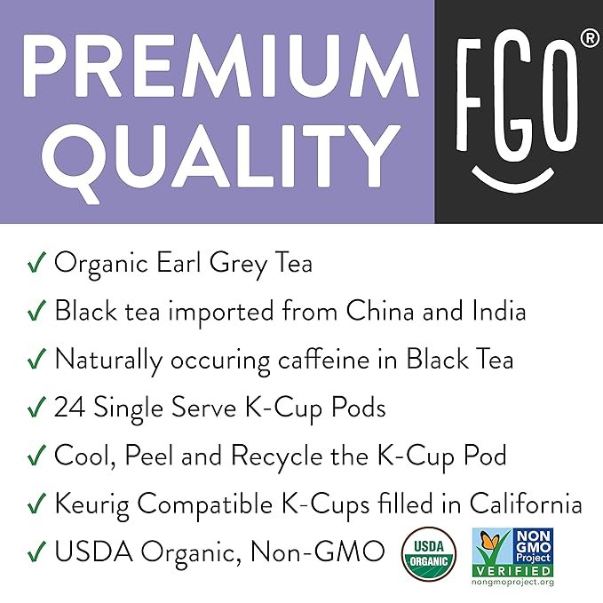 1 Organic Earl Grey Tea K-Cup Pods, 24 Pods by FGO - Keurig Compatible - Naturally Occurring Caffeine, Premium Earl Grey Black Tea is USDA Organic, Non-GMO, & Recyclable