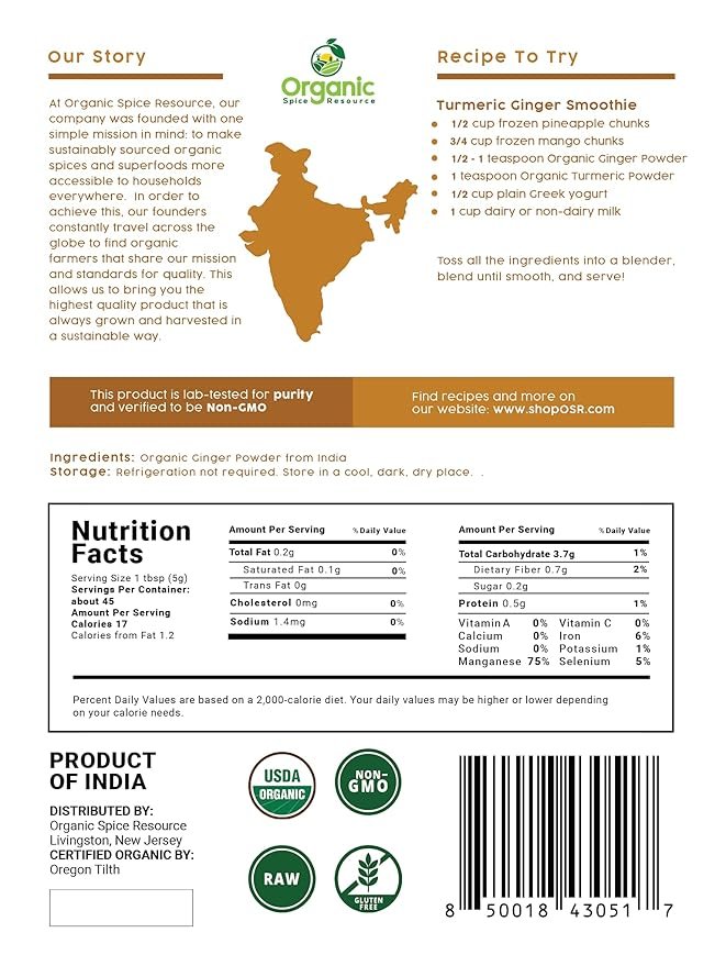 1 Organic Ginger Powder | 8 oz (226g) | USDA Organics and Non-GMO Verified Project Approved | Product of India | 100% Raw and Natural | Resealable Kraft Bag by SHOPOSR