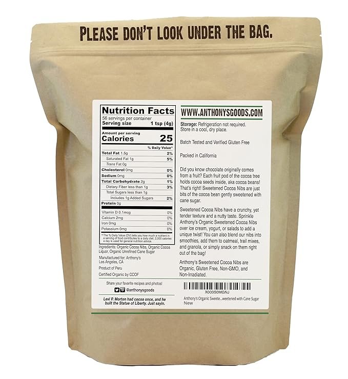 1 Anthony's Organic Sweetened Cocoa Cacao Nibs, 8 ounce, Gluten Free, Non-GMO, Non-Irradiated, Sweetened with Cane Sugar