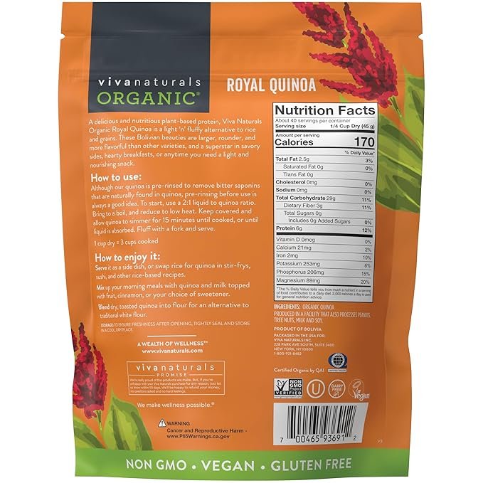 2 Viva Naturals Organic Quinoa, 4 lb - Plant Based Protein, Fiber and Iron - Pre-Washed Whole Grain Rice and Pasta Substitute for Quinoa Salad - USDA Organic, Gluten Free, Vegan, Non-GMO and Kosher