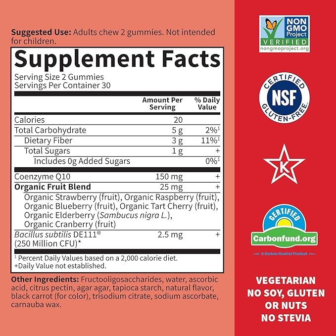 1 CoQ10 Gummies 150 mg, Coenzyme Q10 for Heart Health, Energy Production & Healthy Aging + Prebiotics & Probiotics for Digestion, Vitamin Code Non-GMO, Gluten-Free, 60 Strawberry Gummies, 30 Day Supply