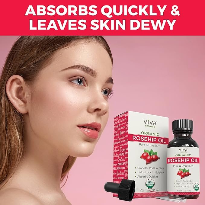1 Viva Naturals Organic Rosehip Seed Oil (1 fl oz) - 100% Pure, Cold Pressed Moisturizing Rose hip Oil for Face, Hair, Dry Skin & Nails, Non-GMO
