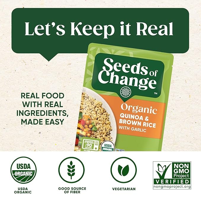 4 SEEDS OF CHANGE Organic Quinoa & Brown Rice with Garlic, Microwaveable Ready to Heat, 8.5 Ounce (Pack of 12)