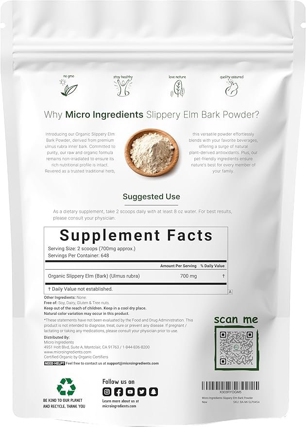 1 Micro Ingredients Sustainably US Grown, Organic Slippery Elm Bark Powder, 1 Pound (648 Servings), Helps Soothe The Throat and Coughing, No Irradiated, No Contaminated, No GMOs, Pet Friendly