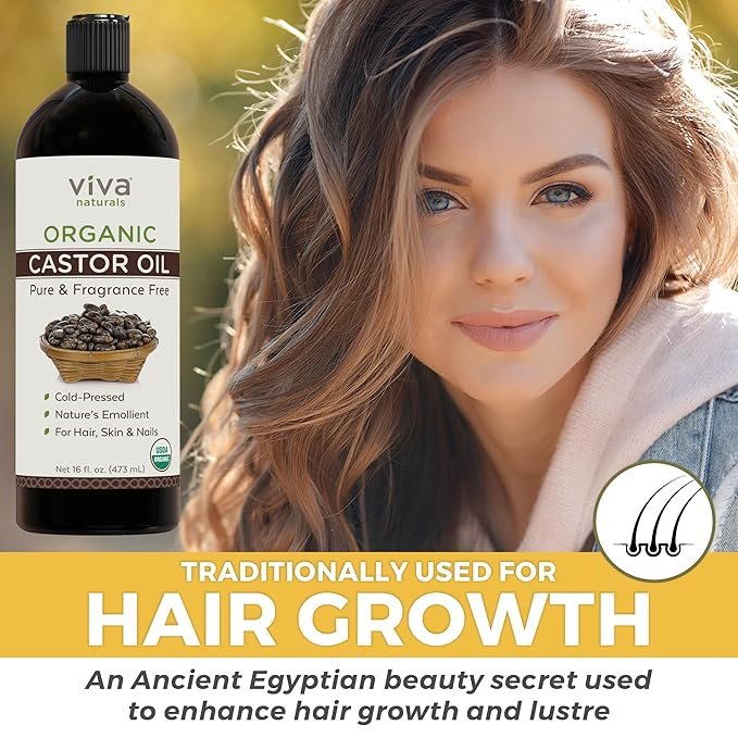 1 Viva Naturals Cold pressed Organic Castor Oil 16 fl oz - Castor Oil for Face, Castor Oil for Eyelashes, Traditional Eyebrow Growth Serum, Castor Oil for Hair Growth - Certified Organic & Non-GMO