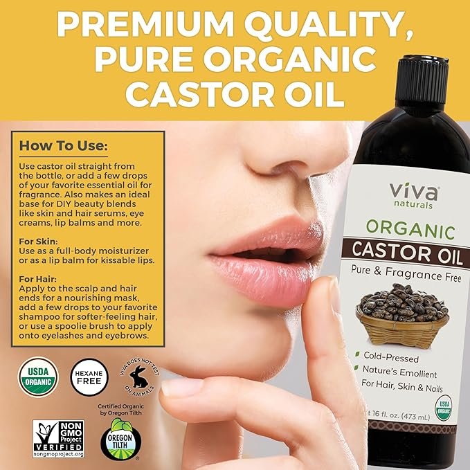 5 Viva Naturals Cold pressed Organic Castor Oil 16 fl oz - Castor Oil for Face, Castor Oil for Eyelashes, Traditional Eyebrow Growth Serum, Castor Oil for Hair Growth - Certified Organic & Non-GMO