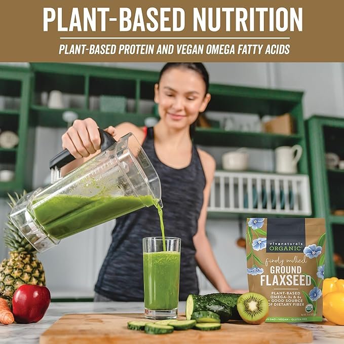 4 Viva Naturals Organic Ground Flaxseed - Premium Quality Plant-Based Protein and Vegan Omega 3 with Fiber, Perfect for Smoothies, Non-GMO and Gluten Free, 15 oz (425 g)