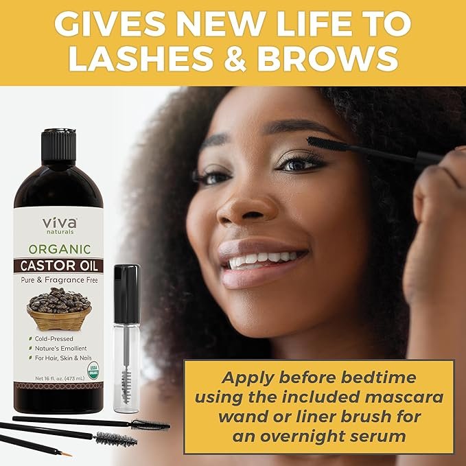 2 Viva Naturals Cold pressed Organic Castor Oil 16 fl oz - Castor Oil for Face, Castor Oil for Eyelashes, Traditional Eyebrow Growth Serum, Castor Oil for Hair Growth - Certified Organic & Non-GMO