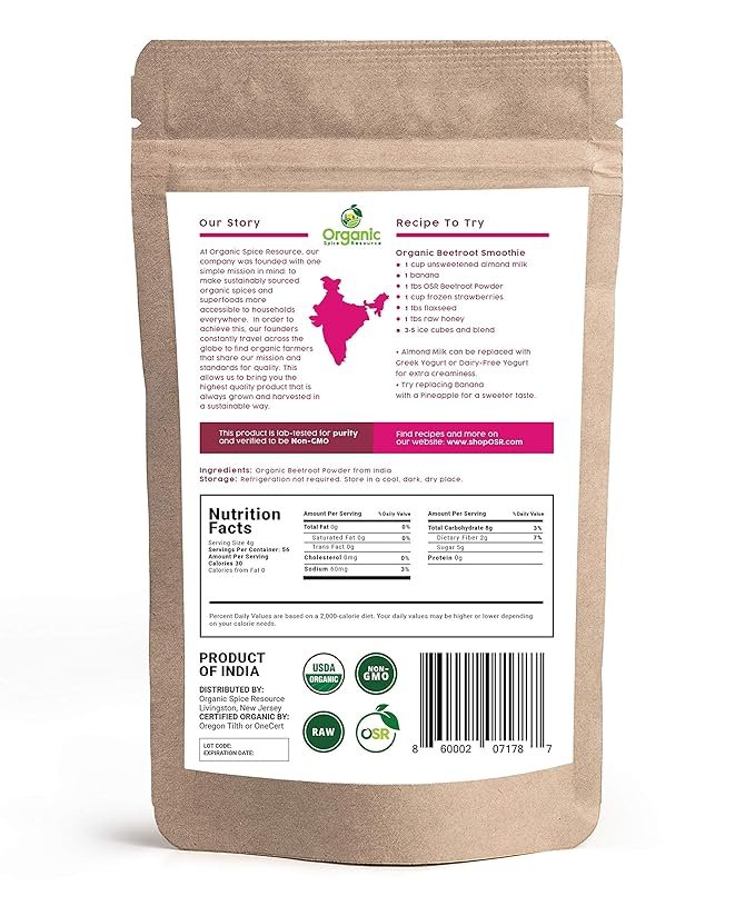 2 Organic Beet Root Powder | 8 oz or 226g | USDA Organic Approved, Raw and Non GMO | Nitric Oxide Booster, Increases Stamina and Circulation | Vegan | 100% Raw from India, by SHOPOSR(8oz)