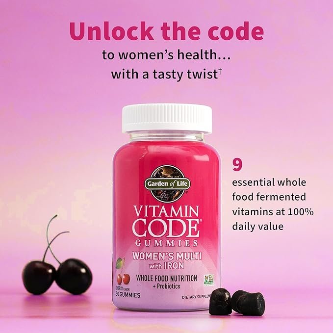 2 Women’s Multivitamin Gummy with Iron: Folate, Biotin, D3 & B12 for Hair, Skin & Nails + Probiotics for Immune Health & Digestion, Vitamin Code, Non-GMO, Gluten-Free, 90 Cherry Gummies, 30 Day Supply