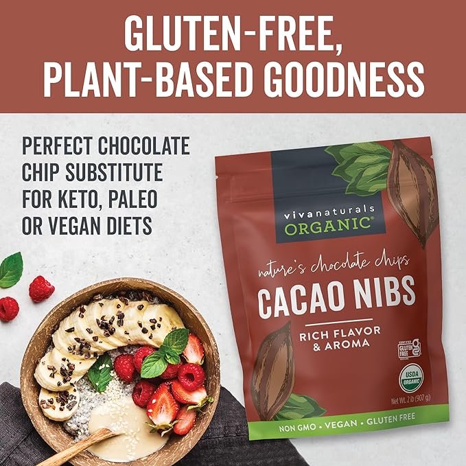 3 Viva Naturals Organic Cacao Nibs, 2 Lb - Certified Keto and Vegan Superfood, Perfect for Gluten Free Baking and Smoothie Topper, Premium Criollo Beans, Non-GMO
