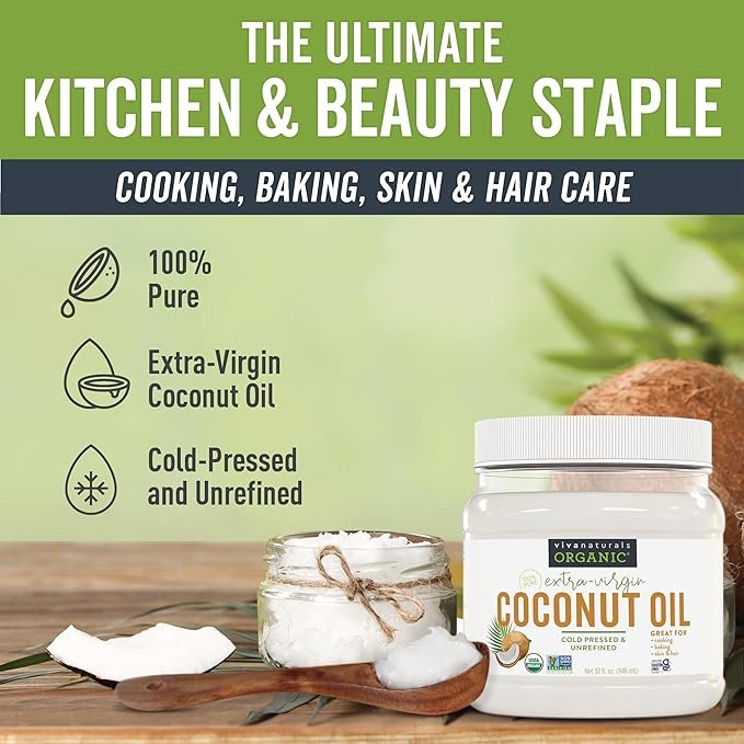 1 Viva Naturals Organic Coconut Oil - Unrefined and Cold-Pressed, Natural Hair Oil, Skin Oil and Cooking Oil with Fresh Flavor, Non-GMO Extra Virgin Coconut Oil (Aceite de Coco), USDA Organic, 32 oz
