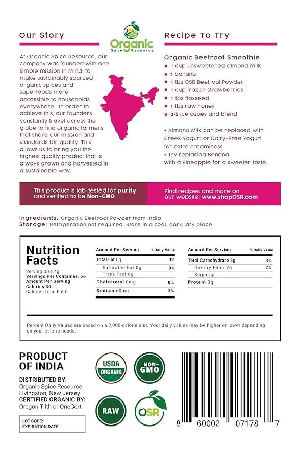3 Organic Beet Root Powder | 8 oz or 226g | USDA Organic Approved, Raw and Non GMO | Nitric Oxide Booster, Increases Stamina and Circulation | Vegan | 100% Raw from India, by SHOPOSR(8oz)
