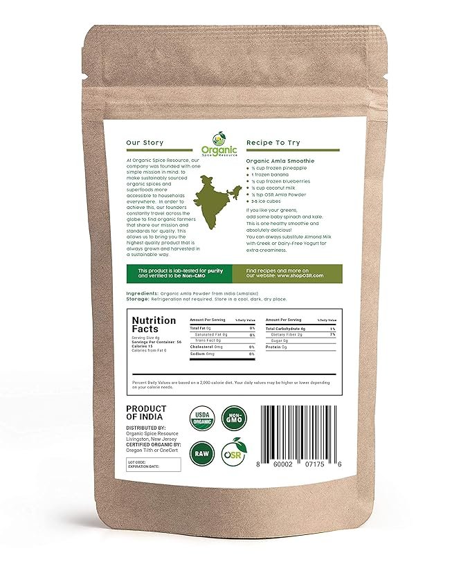 1 Organic Amla Powder | 8 oz (226g) | Amalaki, Non-GMO, 100% Raw from India, by SHOPOSR