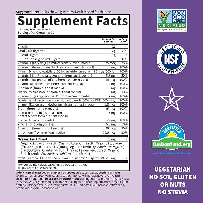 1 Garden of Life Prenatal Gummy Vitamins for Women with Iron:Folate,Biotin,D3&B12+Probiotics for Digestion,Vitamin Code Multivitamin,Non-GMO,Gluten-Free,90 Cherry Lemonade Gummies, 30 Day Supply