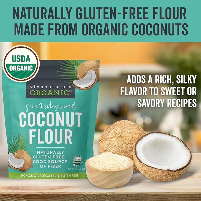 3 Viva Naturals Organic Coconut Flour (4 lbs) - Gluten Free Flour Substitute for Keto, Paleo and Vegan Baking, Low Fat and Fiber-Rich Coconut Baking Flour, Non-GMO, Unbleached and Unrefined, 1.81 kg