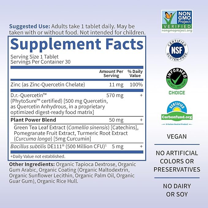 4 Garden of Life Quercetin Post Workout Recovery with Zinc, Turmeric & Green Tea – Dr Formulated – Healthy Inflammatory Response & Joint Support - Gluten Free, Non GMO, Carbon Neutral – 30 Tablets