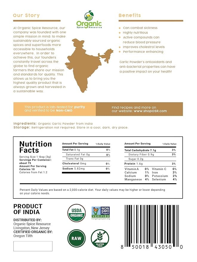 1 Organic Garlic Powder | 8 oz (226g) | USDA Organics and Non-GMO Verified Project Approved | Product of India | 100% Raw and Natural | Resealable Kraft Bag by SHOPOSR