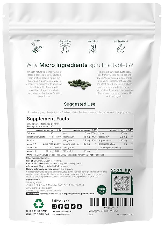 1 Micro Ingredients Organic Spirulina Supplement, 3000MG Per Serving, 720 Tablets (4 Month Supply), No Filler & Non-GMO, Rich in Vegan Protein, Vitamins & Prebiotics, Premium Spirulina Pills