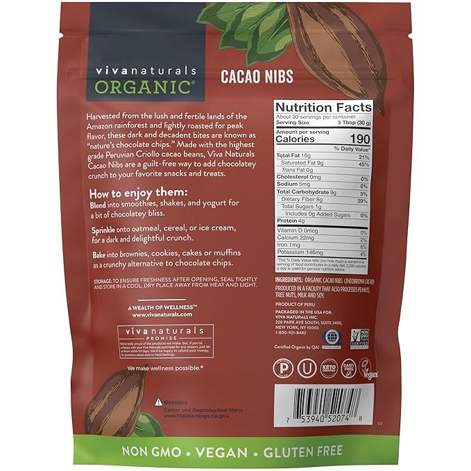 6 Viva Naturals Organic Cacao Nibs, 2 Lb - Certified Keto and Vegan Superfood, Perfect for Gluten Free Baking and Smoothie Topper, Premium Criollo Beans, Non-GMO