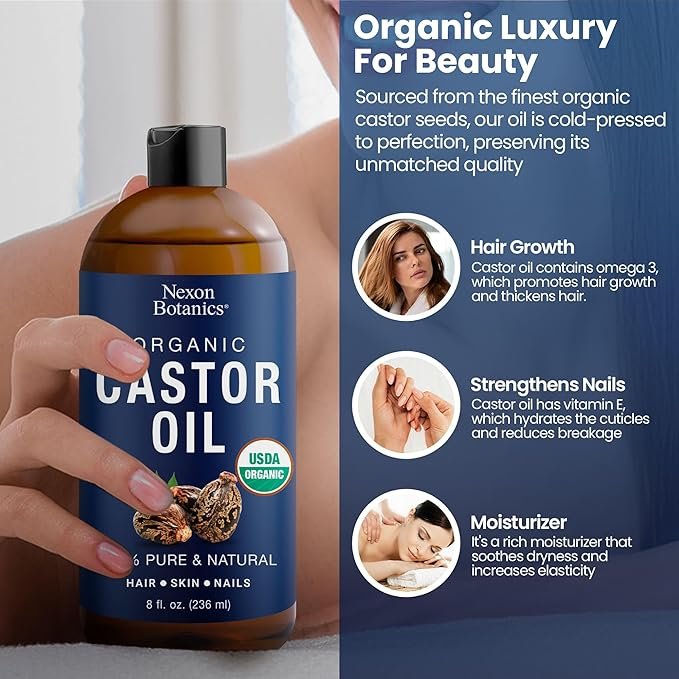 2 Nexon Botanics Organic Castor Oil 8 fl oz - Castor Oil Organic Cold Pressed Unrefined - Aceite De Ricino Organico - For Skin Care, Hair Care, Eyelashes, Eyebrows, Body