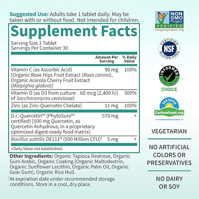 4 Garden of Life Quercetin Once Daily Immune System Support Supplement with Vitamin C, D & Probiotics – Dr Formulated – Immune Health, Respiratory Health, Skin Health, Gluten Free, Non GMO – 30 Tablets