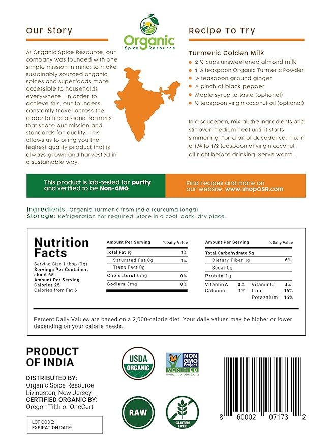 3 Organic Turmeric Powder w/Curcumin | 16 Ounce / 454g | USDA Organics and Non-GMO | Lab Tested for Heavy Metal and Purity | 100% Raw and Natural by OSR