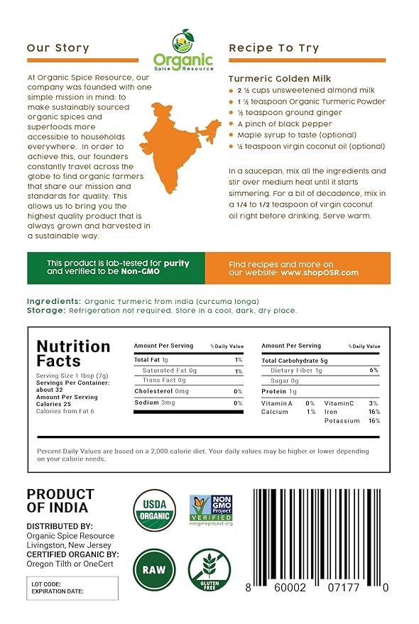 4 Organic Turmeric Powder w/Curcumin | 8 Ounce / 226g | USDA Organics and Non-GMO | Lab Tested for Heavy Metal and Purity | 100% Raw and Natural by OSR