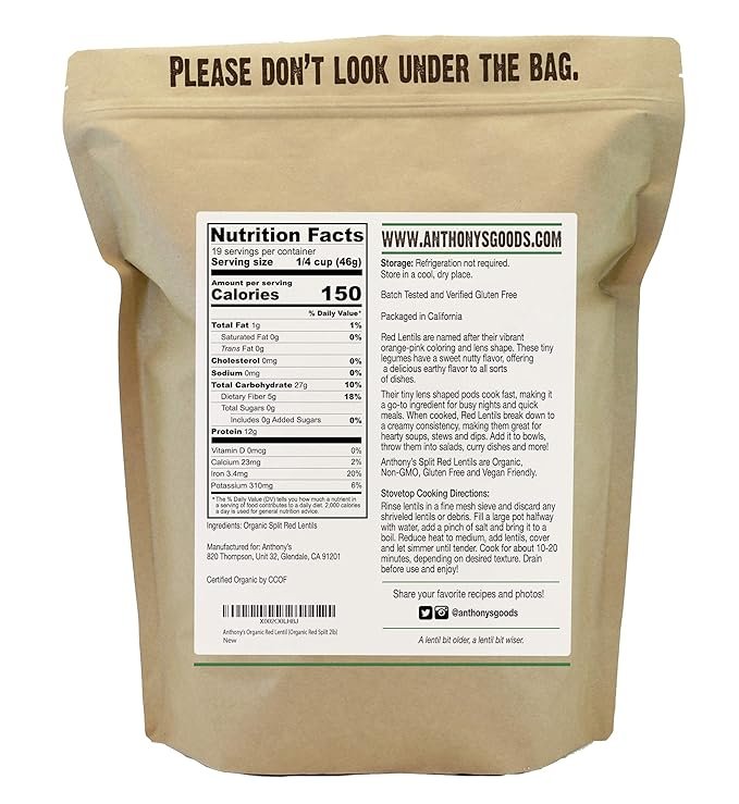 1 Anthony's Organic Split Red Lentils, 2 lb, Masoor Dal, Gluten Free, Non GMO, Vegan
