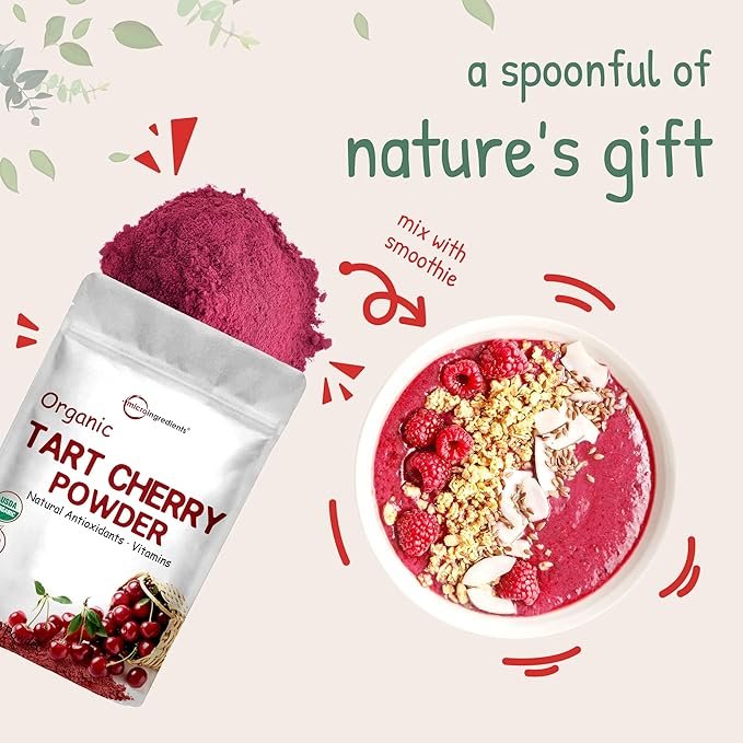 5 Organic Tart Cherry Powder, 4oz | 100% Natural Fruit Powder | US Grown Tart Cherries Source | No Sugar & Additives | Great Flavor for Drinks, Smoothie, & Beverages | Non-GMO & Vegan Friendly