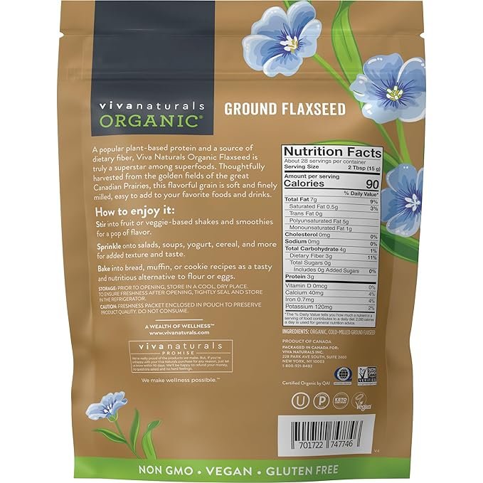 6 Viva Naturals Organic Ground Flaxseed - Premium Quality Plant-Based Protein and Vegan Omega 3 with Fiber, Perfect for Smoothies, Non-GMO and Gluten Free, 15 oz (425 g)