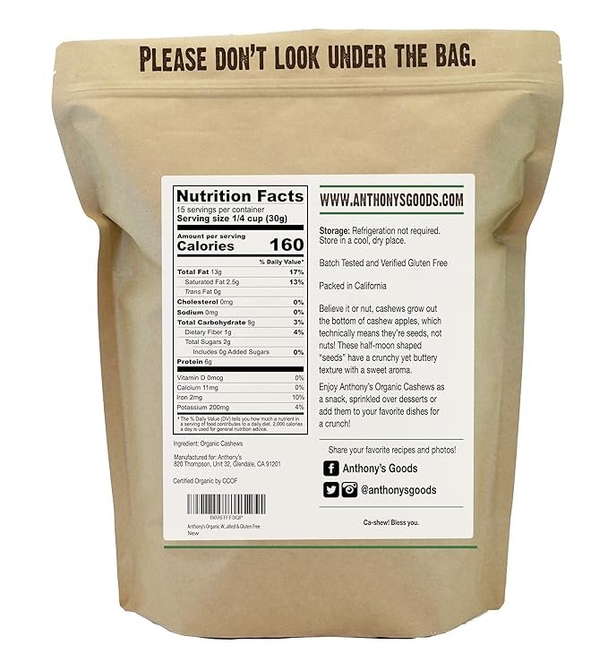 1 Anthony's Organic Whole Cashews, 1 lb, Raw, Unsalted & Gluten Free