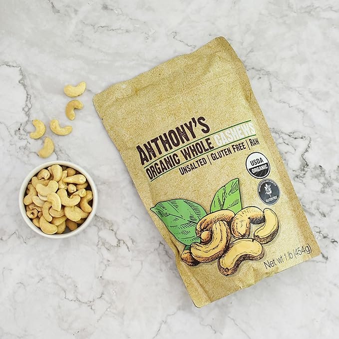 5 Anthony's Organic Whole Cashews, 1 lb, Raw, Unsalted & Gluten Free
