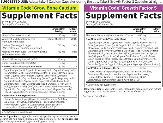 4 Garden of Life Calcium Supplement - Vitamin Code Grow Bone Made with Whole Foods, Strontium, Magnesium, K2 MK7, Vitamin D3 & C Plus Probiotics for Gut Health, 30 Day Supply