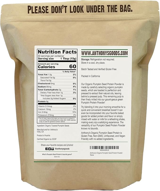 1 Anthony's Organic Pumpkin Seed Protein Powder, 1lb, Gluten Free, Non GMO, Unflavored, Plant-Based Protein