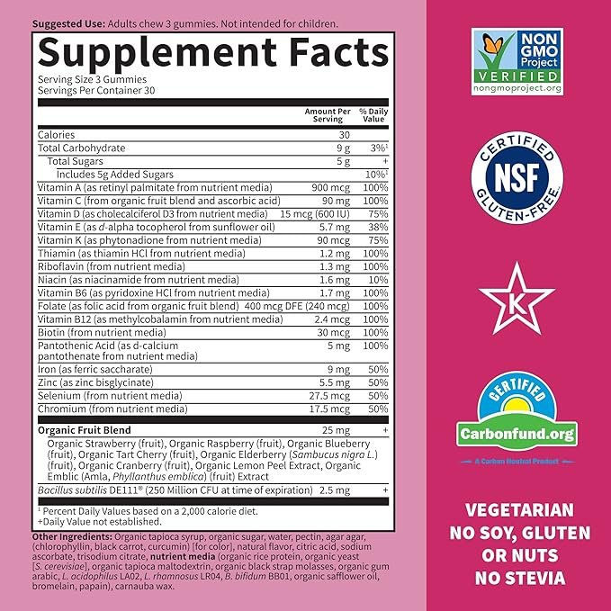 1 Women’s Multivitamin Gummy with Iron: Folate, Biotin, D3 & B12 for Hair, Skin & Nails + Probiotics for Immune Health & Digestion, Vitamin Code, Non-GMO, Gluten-Free, 90 Cherry Gummies, 30 Day Supply