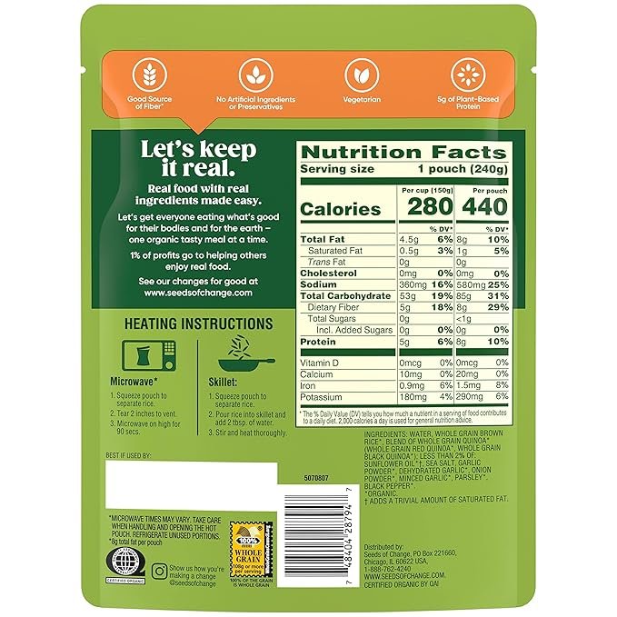1 SEEDS OF CHANGE Organic Quinoa & Brown Rice with Garlic, Microwaveable Ready to Heat, 8.5 Ounce (Pack of 12)