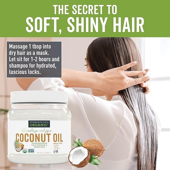 3 Viva Naturals Organic Coconut Oil - Unrefined and Cold-Pressed, Natural Hair Oil, Skin Oil and Cooking Oil with Fresh Flavor, Non-GMO Extra Virgin Coconut Oil (Aceite de Coco), USDA Organic, 32 oz