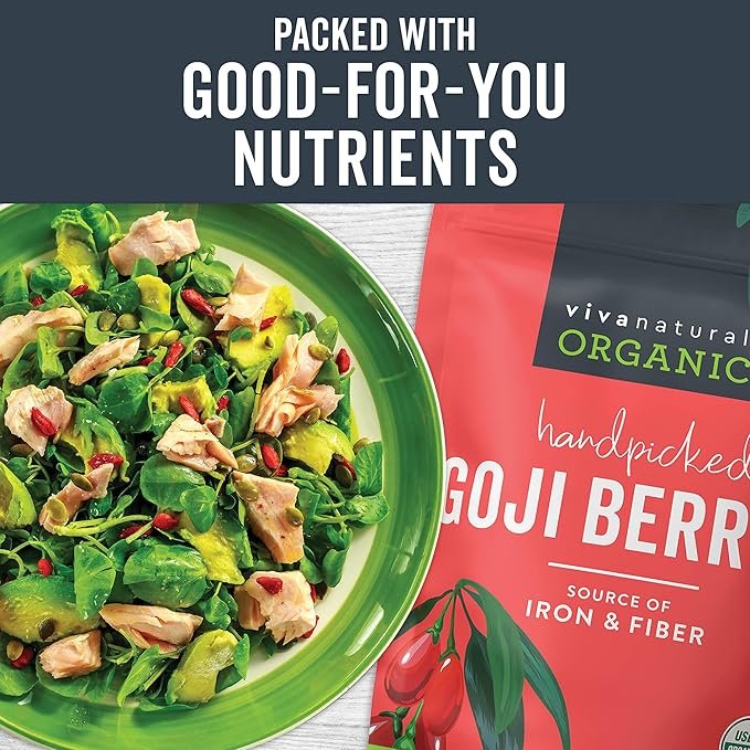 3 Viva Naturals Organic Dried Goji Berries, 16 oz (1 lb) Non-GMO and Vegan Wolfberries, Perfect for Baking, Smoothies, Teas and Snacks, Goji Berries Organic