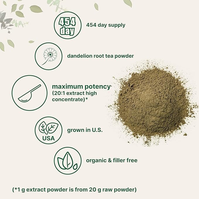 2 Organic Dandelion Root Tea Powder, 1lb | Up to 450 Servings | Premium Dark Tea Source for Daily Beverage | 100% Roasted Dandelion Supplement | Caffeine Free, Non-GMO, Eco-Friendly Recyclable Bags