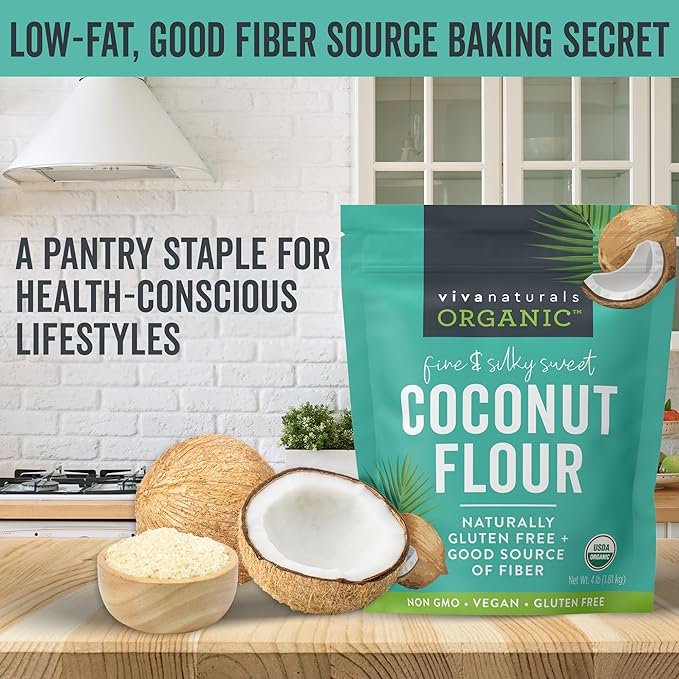 5 Viva Naturals Organic Coconut Flour (4 lbs) - Gluten Free Flour Substitute for Keto, Paleo and Vegan Baking, Low Fat and Fiber-Rich Coconut Baking Flour, Non-GMO, Unbleached and Unrefined, 1.81 kg