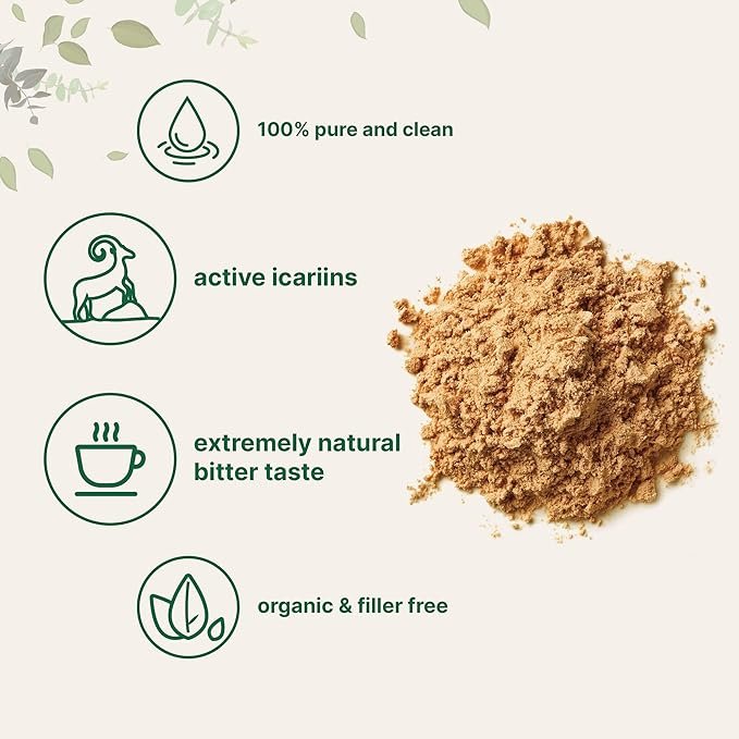 2 Maximum Strength Organic Pure Horny Goat Weed with Active Icariins for Men and Women, 100 Grams, Organic Epimedium Powder for Energy and Immune System Booster, Filler Free and Vegan Friendly