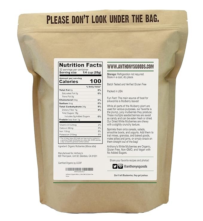 1 Anthony's Organic White Mulberries, 2 lb, Sun Dried, Gluten Free & Non GMO