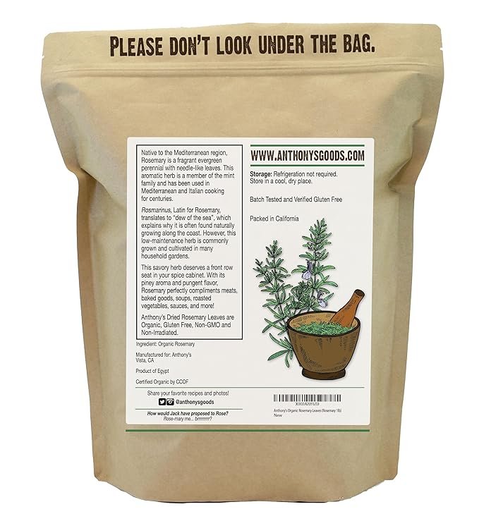 1 Anthony's Organic Dried Rosemary Leaves, 1 lb, Whole Leaf, Destemmed, Non GMO, Non Irradiated, Gluten Free