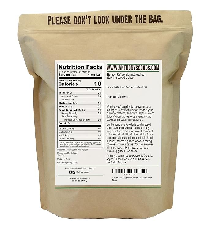 1 Anthony's Organic Lemon Juice Powder, 12 ounce, Freeze Dried, Cold Pressed, No Sugar Added, Gluten Free, Non GMO