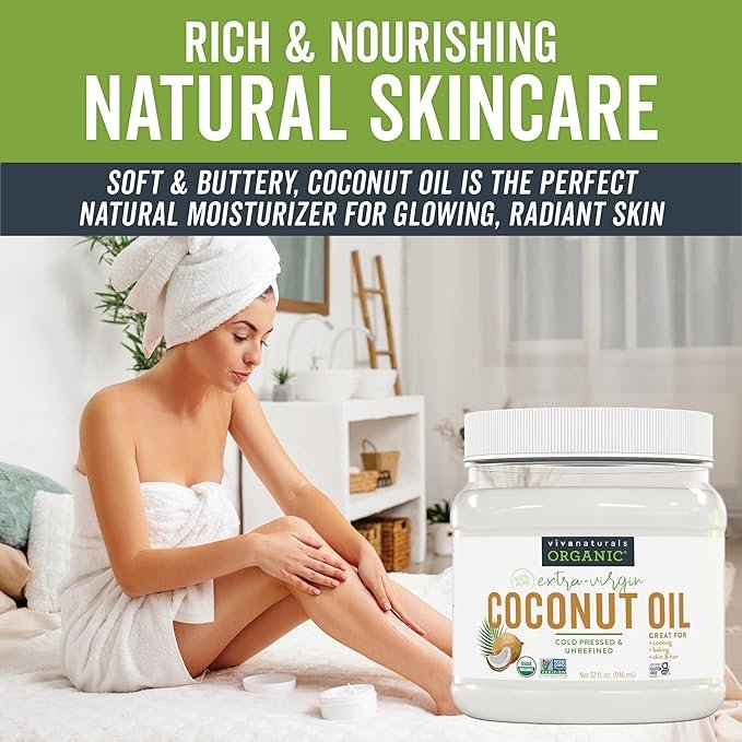 2 Viva Naturals Organic Coconut Oil - Unrefined and Cold-Pressed, Natural Hair Oil, Skin Oil and Cooking Oil with Fresh Flavor, Non-GMO Extra Virgin Coconut Oil (Aceite de Coco), USDA Organic, 32 oz