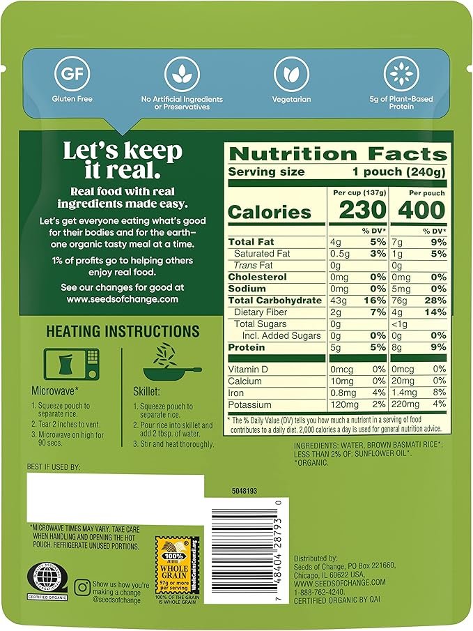 1 SEEDS OF CHANGE Certified Organic Brown Basmati Rice, Organic Food, 8.5 OZ Pouch