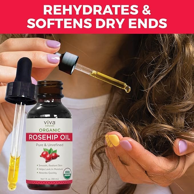 3 Viva Naturals Organic Rosehip Seed Oil (1 fl oz) - 100% Pure, Cold Pressed Moisturizing Rose hip Oil for Face, Hair, Dry Skin & Nails, Non-GMO
